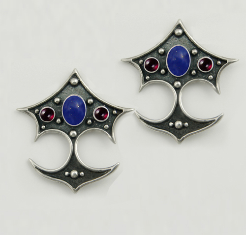 Sterling Silver Gothic Drop Dangle Earrings With Lapis Lazuli And Garnet